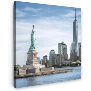 MuchoWow Leinwandbild New York - Freiheitsstatue - Wasser 20x20 cm , Hellblau , Textil , Quadratisch , 20x20 cm , FSC 100% , gerahmt , Bilder & Rahmen, Bilder, Leinwandbilder