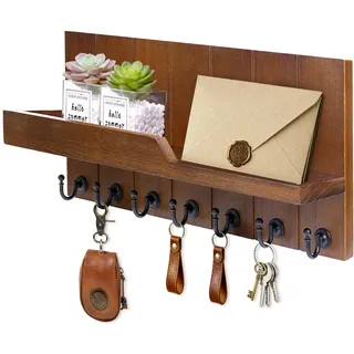 Kldgris Schlüsselbrett mit Ablage, Schlüsselhalter/Schlüsselboard Holz 7 Haken (Braun)