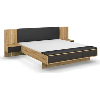 rauch Bettanlage "Bett Doppelbett Komfortbett Funktionsbett APOLLON" Liegefläche 180x200, optional mit Bettbank und Stauraum, 3 tlg. tlg. Polster-Kopfteil in Lederoptik black, mit Beleuchtung MADE IN GERMANY, eiche artisan, schwarz oak