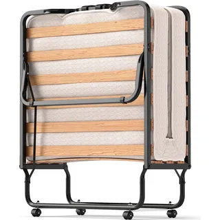 Gästebett klappbar 80/90×200cm, Klappbett mit Matratze aus Memoryschaum, Stahlrahmen, 4 Universalrollen, Foldable Bed Einzelbett klappbar (90 × 200cm) - Beige