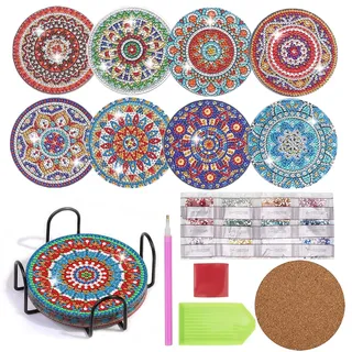 8 Pack Diamond Painting Untersetzer mit Halter, Wiederverwendbare Glasuntersetzer, DIY Mandala Tassenuntersetzer mit Diamanten und Montagewerkzeuge fur Tassen,Vasen, Kerzen Dekoratio