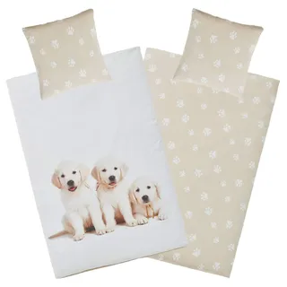 Aminata kids Bettwäsche Hund 135x200 Hunde-Pfoten-Motiv Hundewelpen Kinder-Bettwäsche-Set Baumwolle YKK Reißverschluss - beige Jungen Mädchen Hundebettwäsche