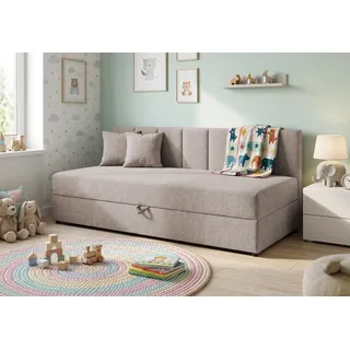 Lenny - Modernes Tagesbett mit Rückenlehne und großem Bettkasten aus Taupe Chenille-Stoff - Taupe