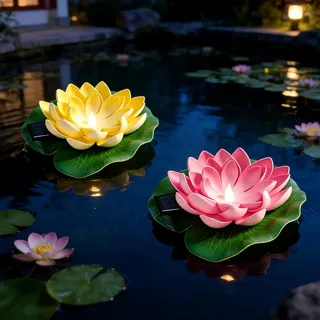 HOVCEH Schwimmende Blumen, 2 Stück Schwimmende Lotuslichter, Solar Lotusblüte für Außen, Künstliche Seerosen, Solar Schwimmlichter, Lotusblüte Solarleuchte, Schwimmende Teichdeko für Aquarium Garten