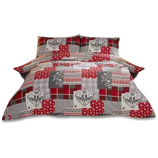Rapport Home Alpine Patchwork Schneeflocke Feinbiber Thermo 100% Baumwolle Biber Quilt Bettbezug Set, baumwolle, Red/multi-colour, 200 x 200 x 0.5 cm