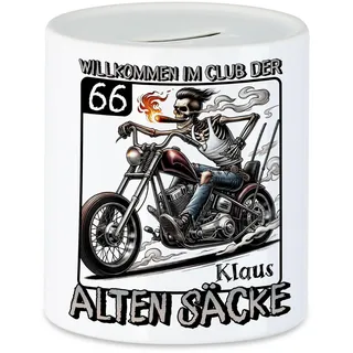 Kiddle-Design Spardose zum 66. Geburtstag Personalisiert, Club der Alten Säcke 66, 66ter Geburtstag Lustiges Biker Motorrad Geschenk, Sparbüchse Sparschwein