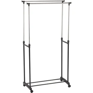 MSV Kleiderständer mit Rollen/2 Stangen aus Edelstahl, Plastik, Silber/Schwarz, 100 x 43 x 101 cm