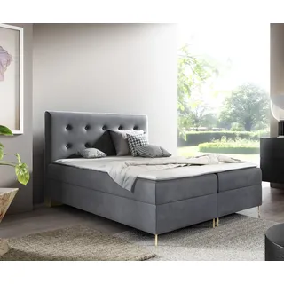 GUTTO Boxspringbett LOUI 120 x 200cm 2x Bettkasten TOPPER 5cm Gratis Grau Velour hohe goldene Beine - Grau