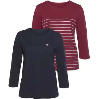 3/4-Arm-Shirt TOM TAILOR, Damen, Gr. XS (32), bunt (navy, bordeaux, geringelt), Jersey, Obermaterial: 100% Baumwolle, gerade hüftlang, Rundhals, abgesteppte Kante, Shirts 3/4-Arm-Shirt, im Doppel - immer Ringel + uni