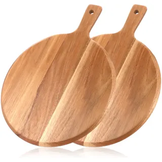 LDXDRU 2er Set Pizzateller, 30,5 cm Pizzabrett Rund Servierbrett Holz, Holz Schneidebrett mit Griff, Pizza-Plate, Cheese Charcuterie Boards, Holzteller Servier Brett für Pizza, Flammkuchen, Käse