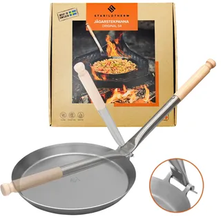 Stabilotherm Jägerpfanne XL mit Holz Klappgriff | zum Outdoor kochen & braten über offenem Feuer oder Grill | Eisenpfanne Gusspfanne Gusseisen