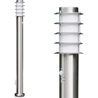 HOFSTEIN Außenleuchte Tunes, Außenwegeleuchte mit Bewegungsmelder und Steckdose aus Metall/Kunststoff in Edelstahl gebürstet/Weiß, moderne Wegeleuchte für Garten, Hof, Terrasse, 110 cm, E27, IP44