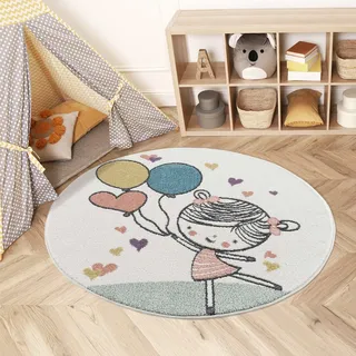 Carpet City Kinderteppich »Anime9393« rund 11 mm Höhe Spielteppich, Mädchen, Herzen, Ballon, Weicher Flor, Pflegeleicht, beige