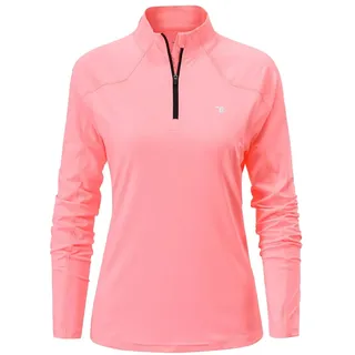 donhobo Damen Sport Langarm T-Shirt Training Fitness Kleidung 1/4 Reißverschluss Laufshirt Yoga Gym Shirts Langarmshirts (Rosa, M)