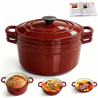 AHJ Topfset Gusseisen Emailliert, 4-teiliges stapelbares Schmortopf Set mit 4,5L Brotbacktopf/Dutch Oven, 2,5L Bräter, 1,2L Grillpfanne und Deckel, antihaftend, backofengeeignet bis 260°C, Rot
