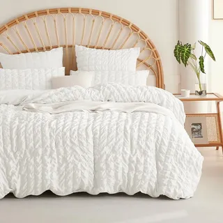 Seersucker Bettwäsche 140x200 Weiß Kariert Bettbezug mit Kissenbezug 70x90 | Sommerbettwäsche Set, Modern, Kühlende, Strukturiert, Sommer, Atmungsaktiv, Leicht, Microfaser, Reißverschluss, Einzelbett
