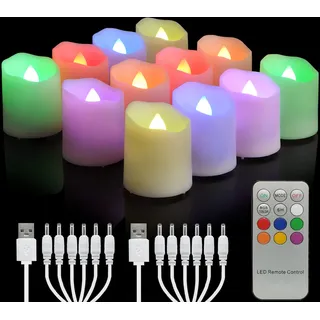 yunsheng 12 Stück RGB Wiederaufladbare LED Teelichter mit Fernbedienung Timer, Aufladbar Flammenlose Flackernde Kerzen, Warmweißes Licht, Halloween Weihnachten Hause Deko (mit 2 USB Ladekabel)
