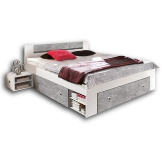 STEFAN Moderne Doppelbett Bettanlage 180 x 200 cm mit 2x Nachtkommoden - Schlafzimmer Komplett-Set in Beton-Optik, Weiß - 185 x 86 x 204 cm (B/H/T)