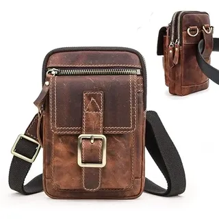 CONTACTS Echtes Leder Herren Kleine Messenger Taillentasche Gürteltasche Telefon Brieftasche Geldbörsenhalter für Sportcamping Wanderreisen (Dunkel braun)