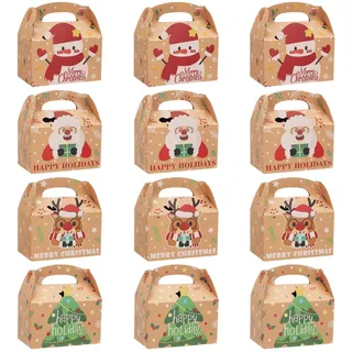 Kyrio 12 PCS Weihnachten Kraft Geschenk-Boxen mit Griff, Kraft Süßigkeiten Boxen mit lebendigen Druck, Keks-Boxen für Geschenk, für Party Geschenke Süßigkeiten Schokolade Leckereien und Cookies