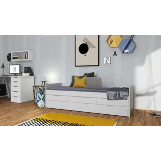 Mid.you Stauraumbett , Weiß , Holz , Kiefer,Kiefer , vollmassiv , 4 Schubladen , 90x200 cm , Bettkasten, Lattenrost, mit Schubkästen , Babymöbel & Kindermöbel, Kinderzimmer & Jugendzimmer, Kinderbetten, Kinderbetten & Jugendbetten