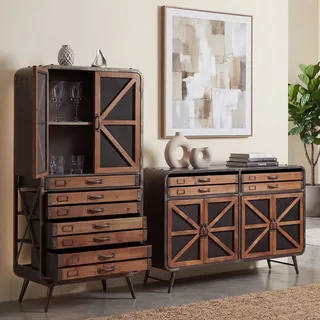 Wohnzimmer-Set HWC-F91, Sideboard Kommode Highboard Hochschrank, Industrial Tanne Holz Metall, braun