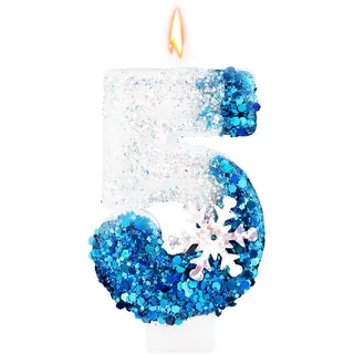 Schneeflocken-Pailletten Geburtstagszahlenkerzen, Glitzer Blau-Weiß Geburtstagszahlenkerze Schneekuchenaufsatz Wintergeburtstagsparty-Dekoration Zubehör (Nummer 5)