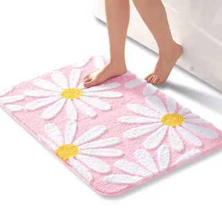 QJHOMO Rosa Badezimmerteppich Niedliche Gänseblümchen Badematte rutschfest Waschbar Badteppich Weiße und Gelbe Blume Badvorleger Weiche Duschvorleger Absorbierende Badezimmer Teppich 60x90 cm