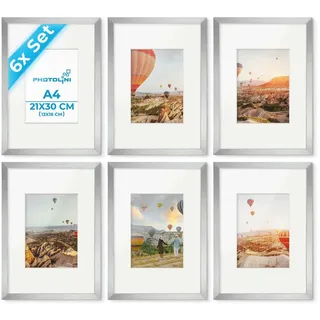 PHOTOLINI Bilderrahmen A4 Silber Holz MDF, 6er Set DIN A4 21x30 cm Rahmen | Foto Rahmen mit Passepartout zum Aufhängen & Aufstellen, Rahmen 21 x 30 mit Acrylglas, Bilderrahmen Collage 30x21 Poster
