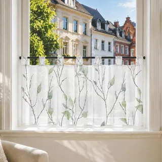 Joyswahl Voile Scheibengardinen Landhausstil Weiß Küchengardinen Transparent Bistrogardine mit Schlaufen Kurzstores mit Blatt- und Blumenmuster Grün HxB 45x90cm 1er Pack