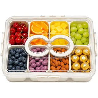 Aila oh Buy Snackbox mit 8 Fächern und Deckel - Tragbare Snackschale mit Griff, Luftdicht, Spülmaschinenfest & BPA-frei. Transparenter Snackteller für Obst, Nüsse, Süßigkeiten, Picknick, Reise