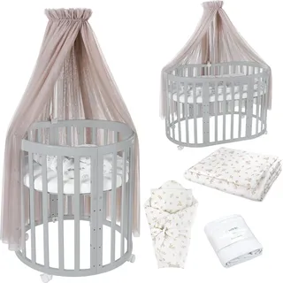 Waldin Babybett OWAL Kinderbett 7in1 mit Matratze, mitwachsendes Kinder-Bett,Stoffe Taupe Zweige,Holz grau - Grau