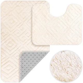 HOMELUX 2-teiliges Badematten-Set, rutschfeste Badvorleger | 60 x 100 cm Badteppich + 60 x 50 cm WC-Vorleger mit Ausschnitt, weiche flauschige Badezimmerteppiche, Beige, 2BF