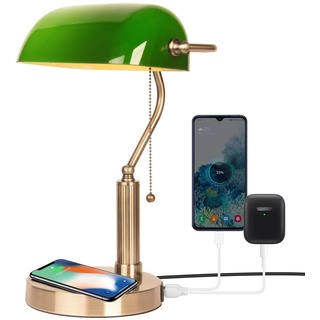 FIRVRE Grün Glas Bankers Schreibtischlampe Klassische Tischlampe mit drahtloser Aufladung USB Port Vintage Messing Zugkette Schalter Nachttisch Nachttisch Licht für Home Office Schlafzimmer