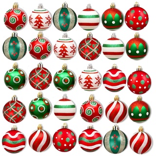 Weihnachtskugeln Weihnachtsbaumschmuck Set,30 Stück 60mm Kunststoff Weihnachtsbaumkugeln mit Aufhänger Weihnachtsbaum für Weihnachten Hochzeit Party (Rot Grun Weiß)