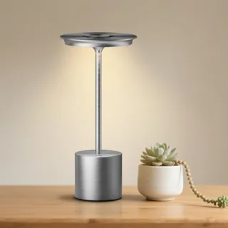 YIKUI Tischlampe Kabellose, LED 3 Farbtemperatur Dimmbare, Außenbereich Camping IP54 wasserdicht Tischleuchte, 6000 mAh Batterie Schlafzimmer Restaurant (Silber)