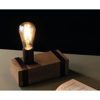 Ausgefallene Vintage Industriedesign Tischlampe einflammig mit Holzbalken antik - Braun