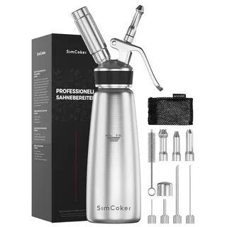 SimCoker Sahnespender 500ml für Schlagsahne,Edelstahl Schlagsahnebereiter 3 Spritztüllen,4 Injektorspitzen und 1 Reinigungbürste, Sahnesyphon mit Deutsche Anweisungen Silber