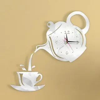 SSyang DIY Teekanne Wanduhr, 3D DIY Acryl Spiegel Kaffeetasse Teekanne Moderne Wanduhr 40x40cm für Häuser Hotels Büros Restaurants (Silber)