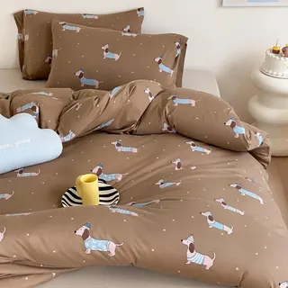 Lanqinglv Bettwäsche 135x200 cm Kinder Dackel Braun Allergiker Bettwäsche aus Microfaser, ÖKO-TEX Bettwäsche Set - Bettbezug mit Reißverschluss und 1 Kissenbezug 80x80 cm