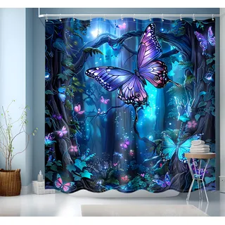 Duschvorhang Blau,Duschvorhang 200x200,Badevorhang Bunt Duschvorhänge mit Motiv für Badezimmer Badewanne,Badevorhang Wasserdicht und Schnell Trocknend,Badewannenvorhang mit 12 Duschvorhangringe