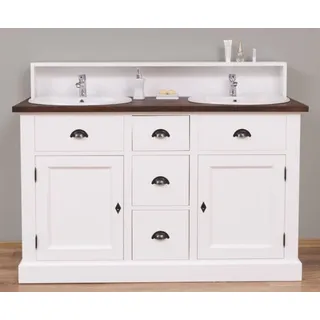 Casa Padrino Landhausstil Doppelwaschtisch Weiß / Dunkelbraun 147 x 51 x H. 110 cm - Massivholz Waschbeckenschrank - Badezimmer Möbel im Landhausstil - Weiß, Dunkelbraun
