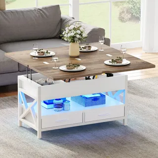 YITAHOME Couchtisch Höhenverstellbar, Wohnzimmertisch mit Schublade und LED, Couchtische mit Verstecktem, Kaffeetisch Fach Umwandelbar in Esstisch 90X50X51.5CM