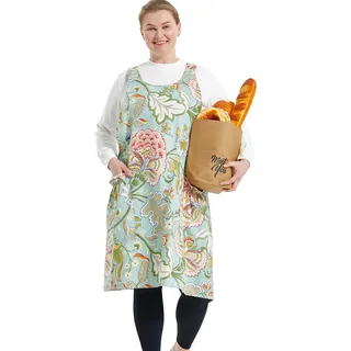 APRONNER Große Schürzen in Übergröße für Damen mit Taschen, Baumwollleinen, Backen, Küche, Kochen, Grün/Blumen