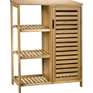 Badezimmerschrank aus Bambus mit 3 Ablagen und Schranktür Badregal Badschrank Badezimmerregal Holzschrank für Bad Küche oder Flur 87x66x33cm Natural - Naturbelassen