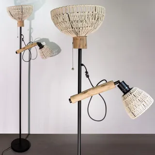 Osasy Stehlampe mit 2 Schirmen, Boho-Industrial Design, 163 cm | Metall-Holz-Kombination, Praktischer Schalter, Ohne Glühbirnen, Für Wohnzimmer