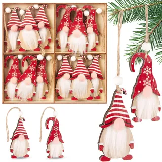 BRUBAKER 12x Weihnachtsanhänger Wichtel - 8 cm Baumschmuck aus Holz - Zwerge mit Bart und großer Nase - Holzanhänger Weihnachtsbaumschmuck - Christbaumschmuck Anhänger Weihnachten - Rot Weiß