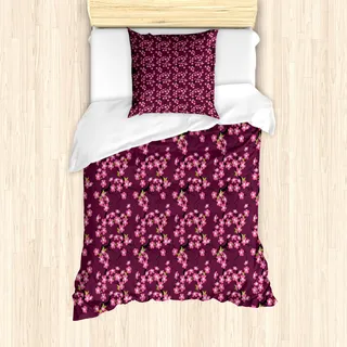 ABAKUHAUS Kirschblüte Mantele, April in Asien, Milbensicher Allergiker geeignet mit Kissenbezügen, 135 cm x 200 cm - 80 x 80 cm, Plum-Rosa-Grün