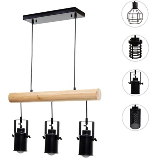 Pendelleuchte HWC-H83, Hängelampe Hängeleuchte, Industrial Vintage Massiv-Holz Metall schwarz ~ 3 Sp