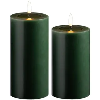 Novaliv 2er Set Led Kerzen flackernde Flamme mit Echtwachspiegel grün 7,5cm ø 1x 15 cm, 1x12,5 cm Höhe, LED Kerzen mit Timerfunktion, 2 AA Batterien nötig, LED Echtwachs Stumpenkerzen warmweiß